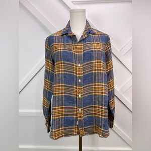 Frank & Eileen Italian Linen Relaxed Button Up Shirt Blue Yellow Red Plaid XXS